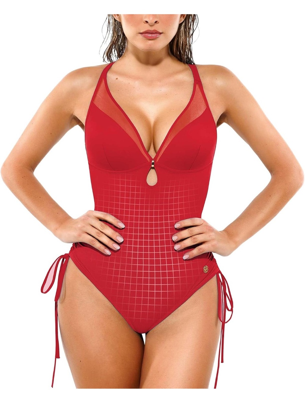 Red Mesh-Accent One-Piece Swimsuit with Side Ties